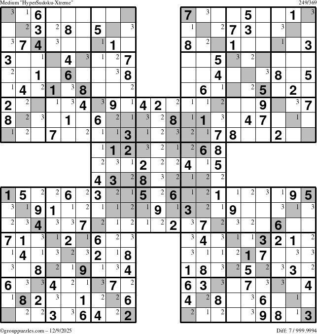 The grouppuzzles.com Medium HyperSudoku-Xtreme puzzle for Tuesday December 9, 2025 with the first 3 steps marked