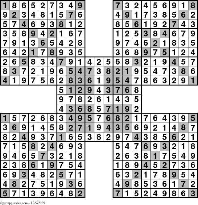 The grouppuzzles.com Answer grid for the HyperSudoku-Xtreme puzzle for Tuesday December 9, 2025