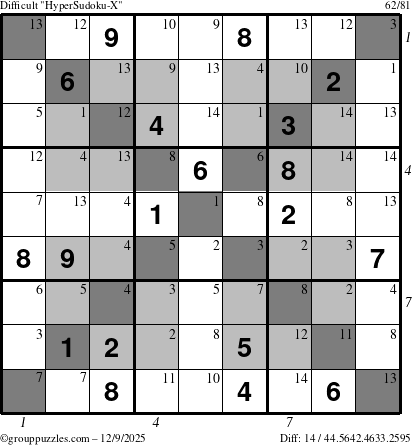 The grouppuzzles.com Difficult HyperSudoku-X puzzle for Tuesday December 9, 2025, suitable for printing, with all 14 steps marked