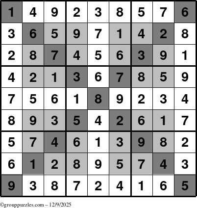 The grouppuzzles.com Answer grid for the HyperSudoku-X puzzle for Tuesday December 9, 2025