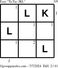 The grouppuzzles.com Easy TicTac-JKL puzzle for Sunday July 7, 2024 with all 2 steps marked