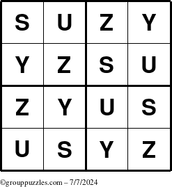 The grouppuzzles.com Answer grid for the Suzy puzzle for Sunday July 7, 2024