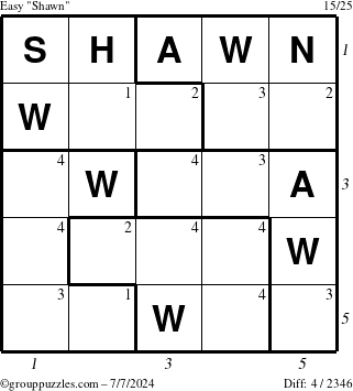 The grouppuzzles.com Easy Shawn puzzle for Sunday July 7, 2024 with all 4 steps marked