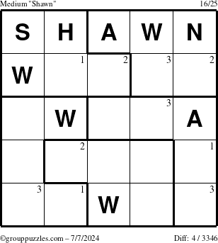 The grouppuzzles.com Medium Shawn puzzle for Sunday July 7, 2024 with the first 3 steps marked