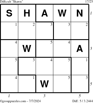 The grouppuzzles.com Difficult Shawn puzzle for Sunday July 7, 2024 with all 5 steps marked