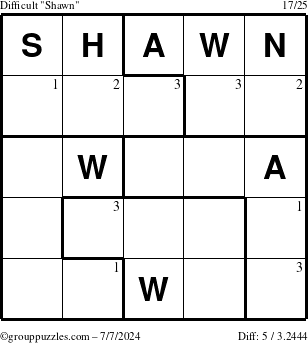 The grouppuzzles.com Difficult Shawn puzzle for Sunday July 7, 2024 with the first 3 steps marked