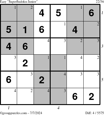 The grouppuzzles.com Easy SuperSudoku-Junior puzzle for Sunday July 7, 2024 with all 4 steps marked