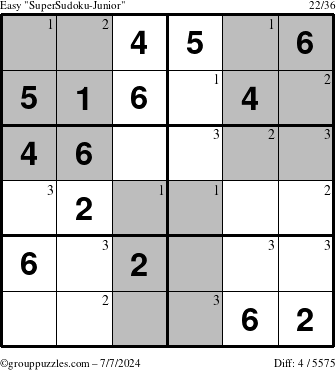 The grouppuzzles.com Easy SuperSudoku-Junior puzzle for Sunday July 7, 2024 with the first 3 steps marked