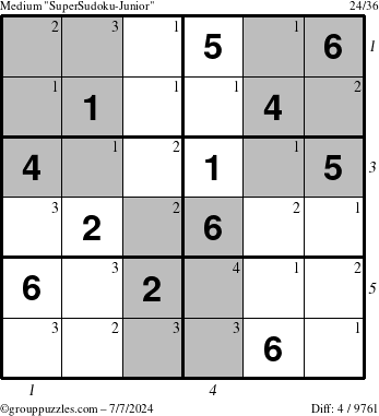 The grouppuzzles.com Medium SuperSudoku-Junior puzzle for Sunday July 7, 2024, suitable for printing, with all 4 steps marked