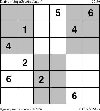 The grouppuzzles.com Difficult SuperSudoku-Junior puzzle for Sunday July 7, 2024