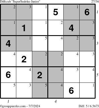 The grouppuzzles.com Difficult SuperSudoku-Junior puzzle for Sunday July 7, 2024, suitable for printing, with all 5 steps marked