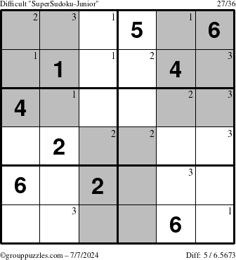 The grouppuzzles.com Difficult SuperSudoku-Junior puzzle for Sunday July 7, 2024 with the first 3 steps marked