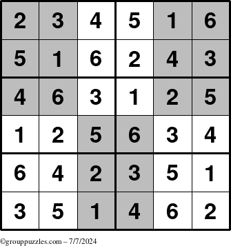 The grouppuzzles.com Answer grid for the SuperSudoku-Junior puzzle for Sunday July 7, 2024