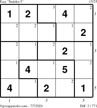 The grouppuzzles.com Easy Sudoku-5 puzzle for Sunday July 7, 2024, suitable for printing, with all 3 steps marked