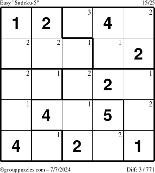 The grouppuzzles.com Easy Sudoku-5 puzzle for Sunday July 7, 2024 with the first 3 steps marked