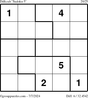 The grouppuzzles.com Difficult Sudoku-5 puzzle for Sunday July 7, 2024