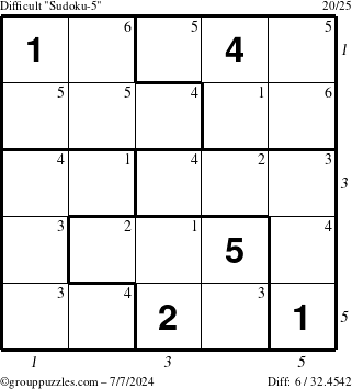 The grouppuzzles.com Difficult Sudoku-5 puzzle for Sunday July 7, 2024 with all 6 steps marked