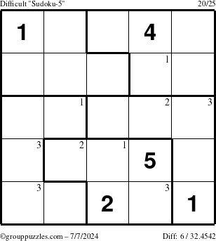 The grouppuzzles.com Difficult Sudoku-5 puzzle for Sunday July 7, 2024 with the first 3 steps marked