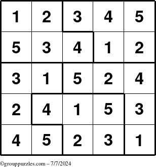 The grouppuzzles.com Answer grid for the Sudoku-5 puzzle for Sunday July 7, 2024