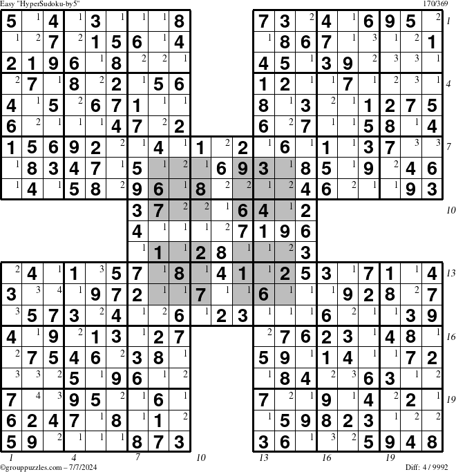 The grouppuzzles.com Easy HyperSudoku-by5 puzzle for Sunday July 7, 2024 with all 4 steps marked