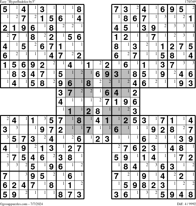 The grouppuzzles.com Easy HyperSudoku-by5 puzzle for Sunday July 7, 2024 with the first 3 steps marked