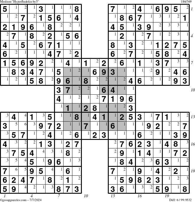 The grouppuzzles.com Medium HyperSudoku-by5 puzzle for Sunday July 7, 2024 with all 6 steps marked