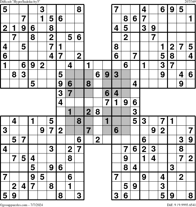 The grouppuzzles.com Difficult HyperSudoku-by5 puzzle for Sunday July 7, 2024