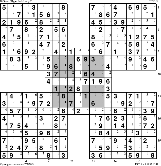 The grouppuzzles.com Difficult HyperSudoku-by5 puzzle for Sunday July 7, 2024 with all 9 steps marked