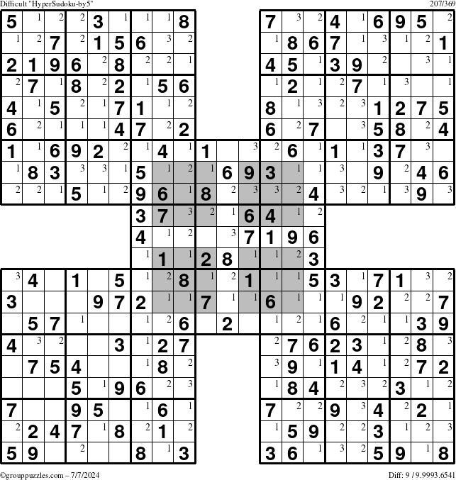 The grouppuzzles.com Difficult HyperSudoku-by5 puzzle for Sunday July 7, 2024 with the first 3 steps marked