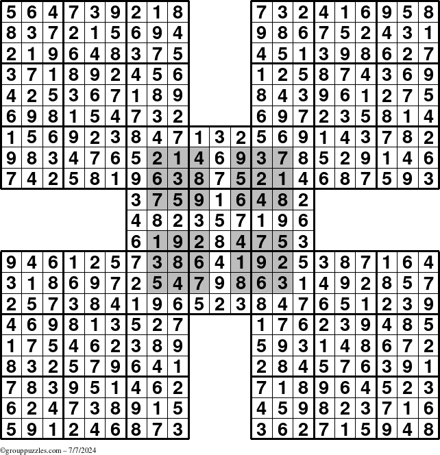 The grouppuzzles.com Answer grid for the HyperSudoku-by5 puzzle for Sunday July 7, 2024