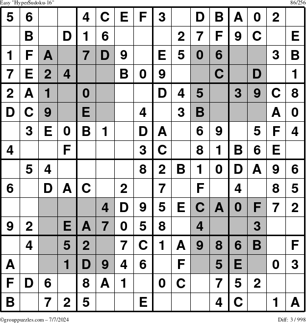 The grouppuzzles.com Easy HyperSudoku-16 puzzle for Sunday July 7, 2024