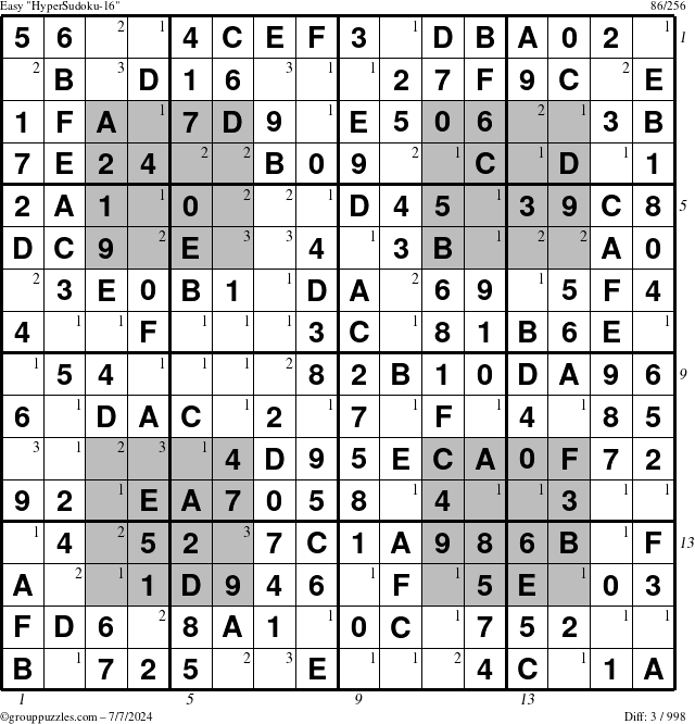 The grouppuzzles.com Easy HyperSudoku-16 puzzle for Sunday July 7, 2024, suitable for printing, with all 3 steps marked