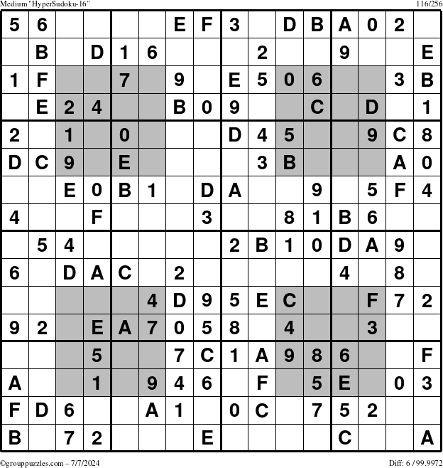 The grouppuzzles.com Medium HyperSudoku-16 puzzle for Sunday July 7, 2024