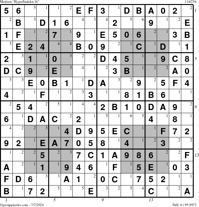 The grouppuzzles.com Medium HyperSudoku-16 puzzle for Sunday July 7, 2024 with all 6 steps marked