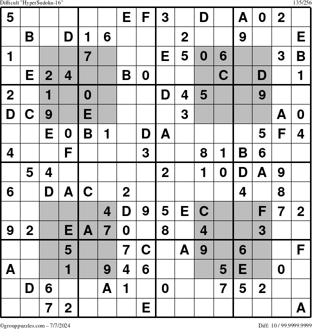 The grouppuzzles.com Difficult HyperSudoku-16 puzzle for Sunday July 7, 2024