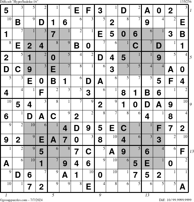 The grouppuzzles.com Difficult HyperSudoku-16 puzzle for Sunday July 7, 2024 with all 10 steps marked