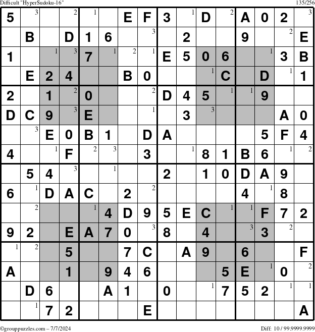 The grouppuzzles.com Difficult HyperSudoku-16 puzzle for Sunday July 7, 2024 with the first 3 steps marked