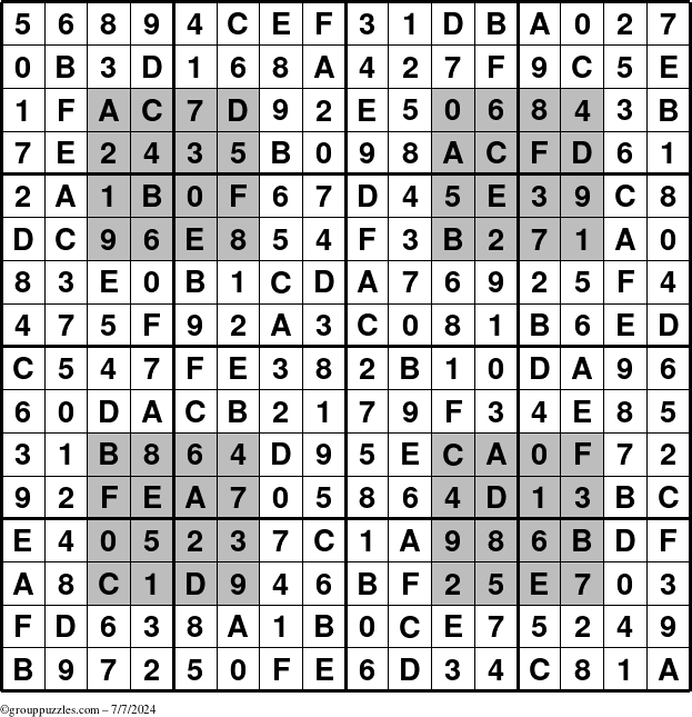 The grouppuzzles.com Answer grid for the HyperSudoku-16 puzzle for Sunday July 7, 2024