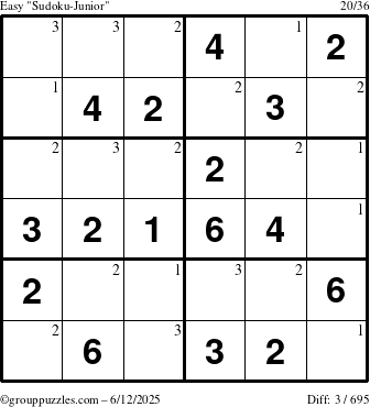 The grouppuzzles.com Easy Sudoku-Junior puzzle for Thursday June 12, 2025 with the first 3 steps marked