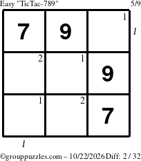 The grouppuzzles.com Easy TicTac-789 puzzle for Thursday October 22, 2026 with all 2 steps marked