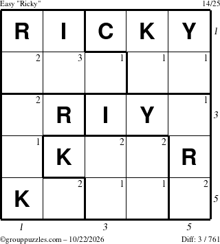 The grouppuzzles.com Easy Ricky puzzle for Thursday October 22, 2026, suitable for printing, with all 3 steps marked