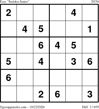 The grouppuzzles.com Easy Sudoku-Junior puzzle for Thursday October 22, 2026