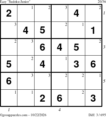 The grouppuzzles.com Easy Sudoku-Junior puzzle for Thursday October 22, 2026 with all 3 steps marked