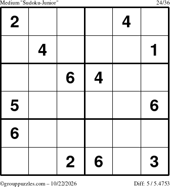 The grouppuzzles.com Medium Sudoku-Junior puzzle for Thursday October 22, 2026