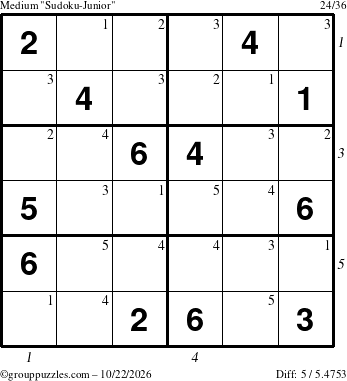 The grouppuzzles.com Medium Sudoku-Junior puzzle for Thursday October 22, 2026 with all 5 steps marked