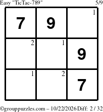 The grouppuzzles.com Easy TicTac-789 puzzle for Thursday October 22, 2026 with the first 2 steps marked