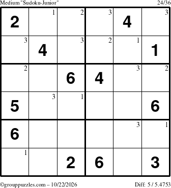 The grouppuzzles.com Medium Sudoku-Junior puzzle for Thursday October 22, 2026 with the first 3 steps marked