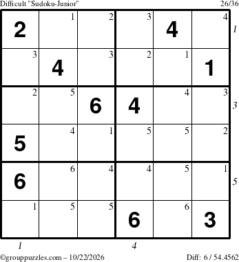 The grouppuzzles.com Difficult Sudoku-Junior puzzle for Thursday October 22, 2026 with all 6 steps marked
