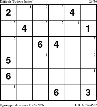 The grouppuzzles.com Difficult Sudoku-Junior puzzle for Thursday October 22, 2026 with the first 3 steps marked