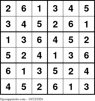 The grouppuzzles.com Answer grid for the Sudoku-Junior puzzle for Thursday October 22, 2026